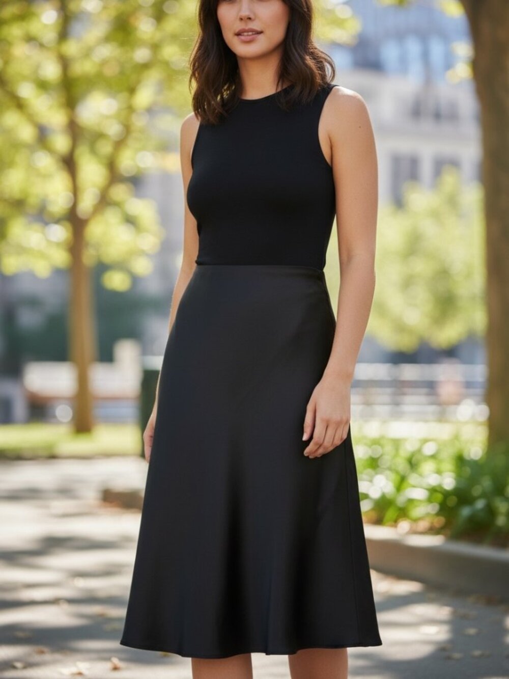 Reneec USA Black Satin Midi Skirt Women’s Small S Bias Cut Slip Skirt Made in US